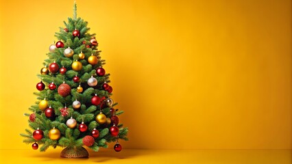 a festive christmas tree adorned with red, gold, and silver ornaments standing against a vibrant yel