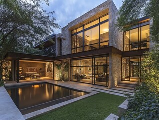 2408 38.A stunning luxury home in Mexico with two stories, characterized by its modern facade, large glass windows, and sleek architectural lines. The house is finished with a combination of light