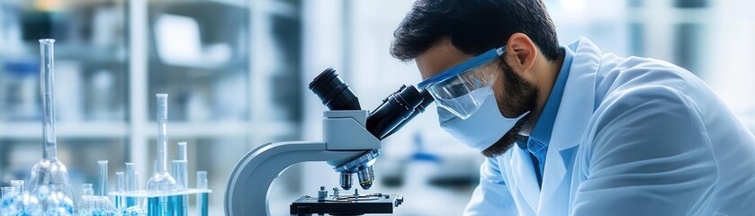 Researcher in a biotech lab analyzing viral samples under a high-powered microscope vaccine research, biotechnology