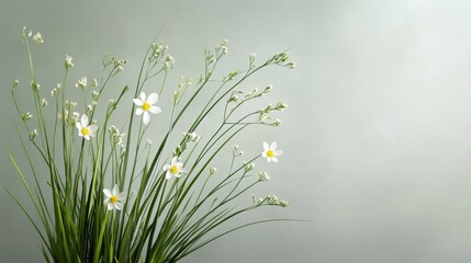 Delicate white flowers bloom amidst lush green spring grass, symbolizing new beginnings, growth, and renewal. The soft colors and delicate blooms create a sense of tranquility and peace.