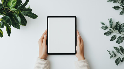 A pair of hands holding a tablet with a blank screen, isolated on a white background