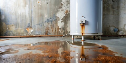 Water leaking from rusted electric water heater on concrete floor with iron staining, leak, residential