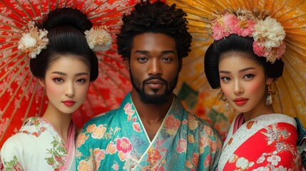 elegant traditional edo attire worn by a man alongside two gracefully dressed ladies set against a vibrant backdrop showcasing cultural heritage and timeless beauty