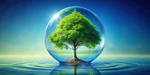 green tree encapsulated in a drop of water on a blue background , tree,clean, drop, water, blue, bac