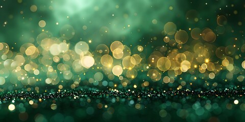 Golden glitter bokeh lights on emerald green background