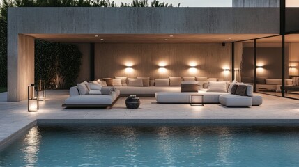 Minimalist poolside decor with clean lines, sleek seating, and modern lighting design