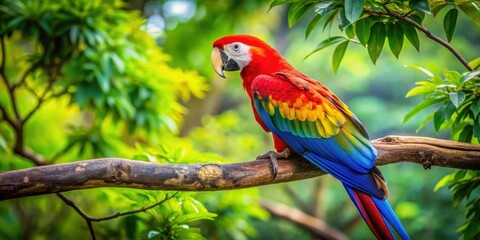 Wall Mural - Vibrant macaw bird perched on a lush green tree branch, tropical, colorful, feathers, wildlife, exotic, parrot, beautiful, nature