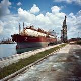 LNG tanker at a shipping dock under blue sky