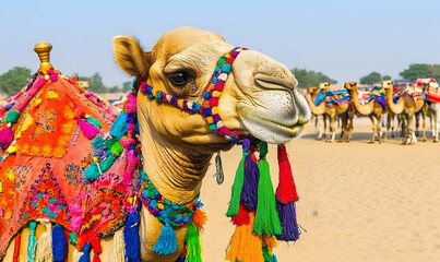 A camel with colorful decorations on its head and neck stands in a desert landscape.