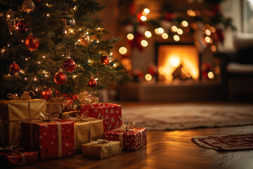 A Christmas tree surrounded by colorful presents, setting a festive holiday mood.