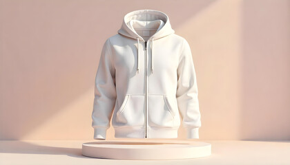 Wall Mural - 3D mockup of a white hooded sweatshirt with a zipper