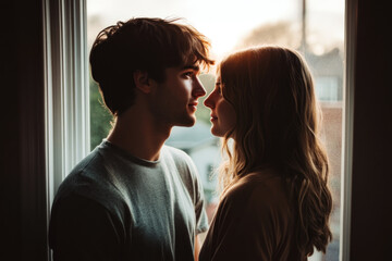 A couple kissing by a window, silhouetted against the city lights at night, creating a romantic scene.