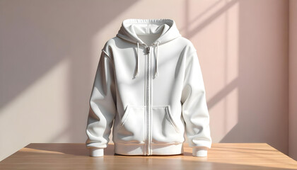 Wall Mural - 3D mockup of a white hooded sweatshirt with a zipper