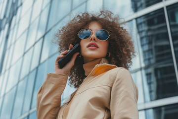 Woman in sunglasses talking on cell. Bright day in city park, green trees. Relaxed posture, focused expression. Casual dress, urban scenery.