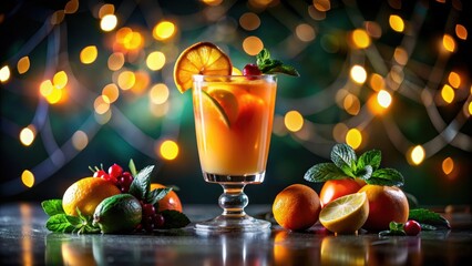 Orange cocktail with assorted fruits garnish on dark background with vibrant green and orange lights, orange