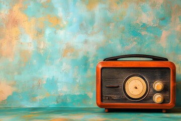 Nostalgic vintage radio receiver displayed against a textured turquoise background with copy space for text, perfect for evoking memories. Nostalgia concept