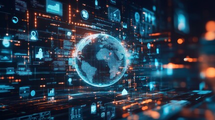 A glowing blue and orange digital globe surrounded by data and icons representing global connectivity and digital transformation.