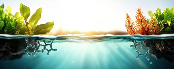 Poster - Underwater scene with vibrant plants, sunlight filtering through water.