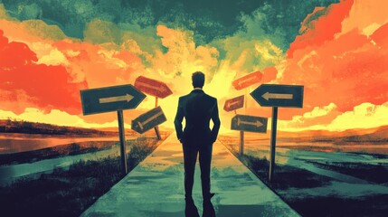 A lone businessman stands at a crossroads with multiple directional signs pointing in different directions, symbolizing the challenges of making decisions and navigating life's path.