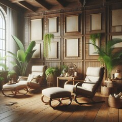 vintage interior with two chairs, wooden floor decorated with empty frame