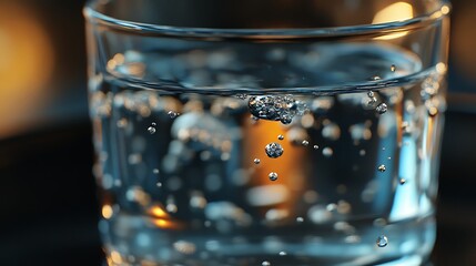 Glass of water with ice cubes on blurred background