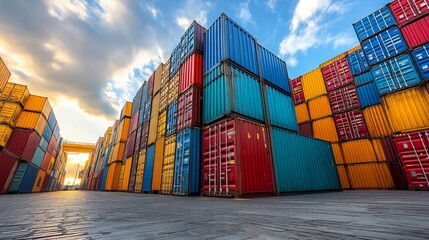 Vibrant container yard at dusk with colorful cargo