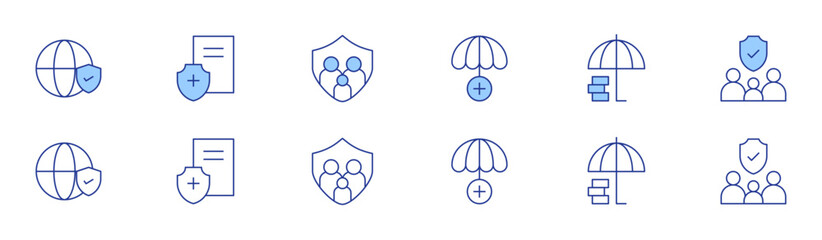 Insurance icon set in two styles, Duotone and Thin Line style. Editable stroke. life insurance, investment insurance, insurance, health insurance, family insurance, family