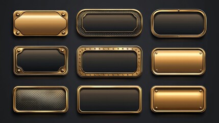 Collection nine rectangular frames dark background are made Empty golden nameplate mockup