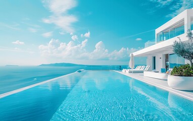 Swimming pool on terrace of luxury house, Santorini island, Greece