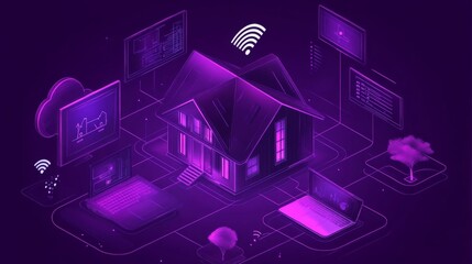 Illustration house purple background center surrounded by various This is a concept