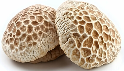 Two brown and white mushrooms isolated on white background.