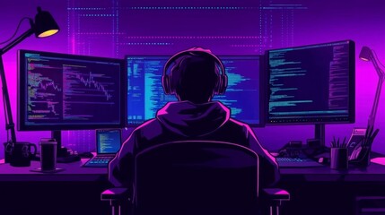 Person sitting desk front multiple computer monitors is Programming code