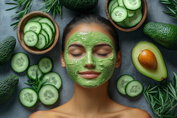 A woman is wearing a green face mask and surrounded by cucumbers and avocados