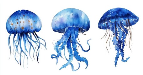 Watercolor illustration three jellyfish are blue color An ocean animal set