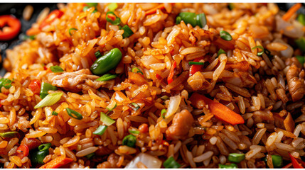 Delicious fried rice with vibrant vegetables and tender chicken pieces, garnished with fresh green onions and hint of spice, creating mouthwatering dish