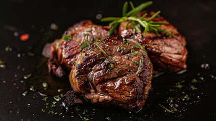 Juicy grilled steak garnished with fresh herbs, showcasing rich, savory texture and flavor. Perfect for meat lovers and culinary enthusiasts