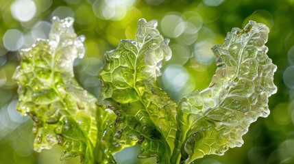 Wall Mural - Green leaves covered in water droplets. AI.