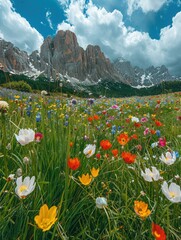 Wall Mural - Wildflowers bloom in a meadow with mountains in the background. AI.