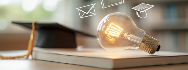 Graduation journey: graduate’s hat resting on an open book, symbolizing end of one chapter of learning, glowing light bulb hovering above, representing new ideas and path toward future aspirations.