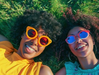 Poster - Two friends lying in the grass, smiling and wearing sunglasses. AI.