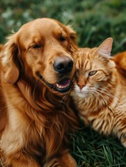 Canvas Print - A golden retriever and a ginger cat cuddle up together. AI.