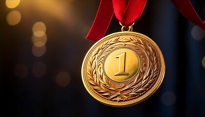 A close-up of a gold medal hanging on a red ribbon, symbolizing achievement and honor, gold medal, victory and success 4