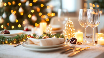 beautifully set Christmas dining table adorned with elegant tableware, sparkling lights, and festive decorations creates warm and inviting atmosphere for family gatherings