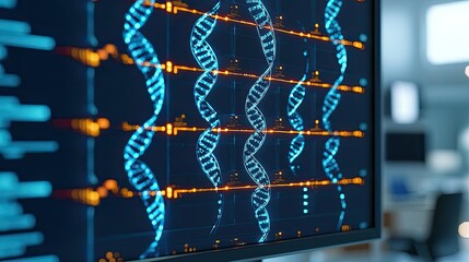 close-up of digital dna sequences displayed on a computer screen in a modern laboratory, showcasing 