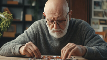 Senior man with dementia doing puzzles as a brain and memory training activity.