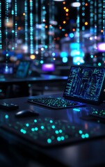 a techdriven office filled with smart desks, ai assistants, and holographic screens, symbolizing the