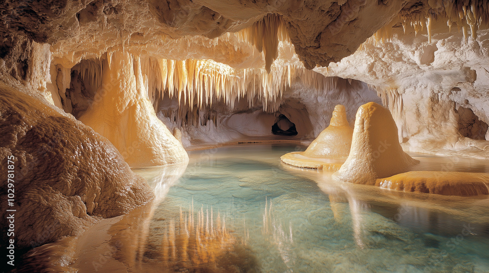 Inside a stunning crystal cave, with shimmering stalactites and ...
