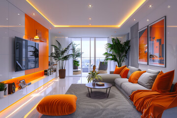 interior design, a vibrant modern living room featuring energetic orange accents against a backdrop of clean