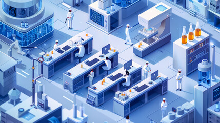 Wall Mural - Medical laboratory 3d isometric web design. People scientists explore molecular structure of dna on modern laboratory equipment