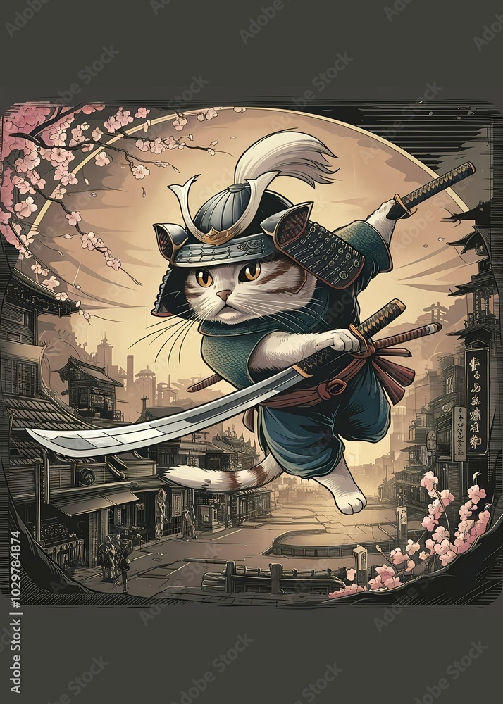 Anime-Style Samurai Cat Illustration – Retro Japanese Warrior Art with ...
